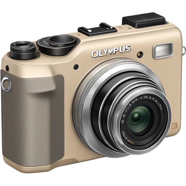 Hyper-simplified Olympus Superzoom 70G camera, grayish-beige color, flat design with only the most essential single feature indicated emoji