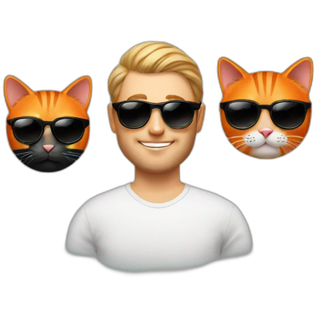 polish man in sunglasses holding one orange cat and one black cat emoji