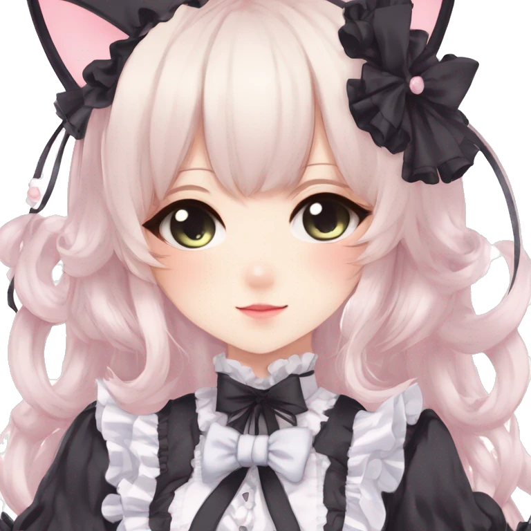 Gorgeous gothic Lolita anime style catgirl with blushing face with maid outfit laces headdress idol model kawaiicore pastelcore cottagecore pearly petite simplistic aesthetic trending style emoji