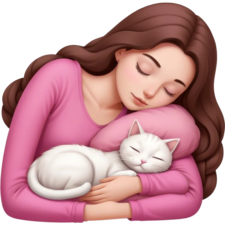 A pretty white girl with very long brown hair and pink clothing sleeping curled up to a white cat  emoji
