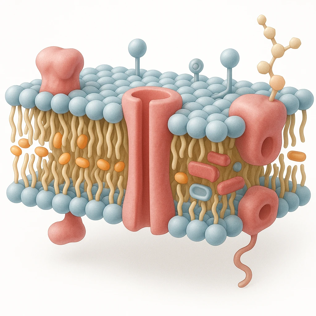 A highly detailed, scientifically accurate cross-section of a biological cell membrane (lipid bilayer) on a white background, ultra-realistic 3D illustration. Show the phospholipid bilayer with hydrophilic heads (round, polar) facing outward and hydrophobic tails (chains) inside. Include embedded proteins (integral and peripheral), cholesterol molecules (small, rigid), glycoproteins with sugar chains, and ion channels. The style should be clean, lab-textbook style, with subtle shadows and depth. Use a color scheme: light blue for hydrophilic heads, yellow for hydrophobic tails, red/pink for proteins, and orange for cholesterol. Microscope-like precision, no artistic stylization. emoji