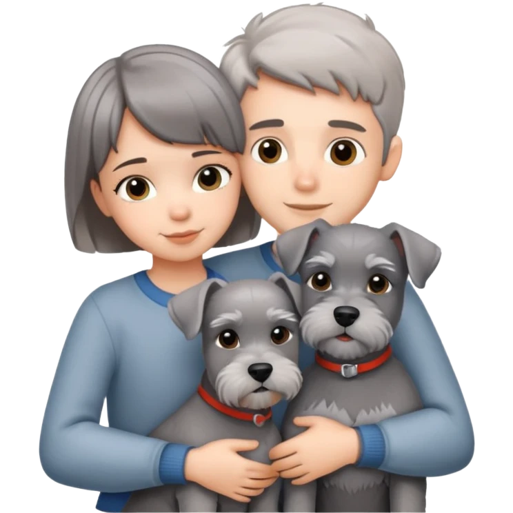 a boy and a shorthair girl hug a grey Schnauzer emoji