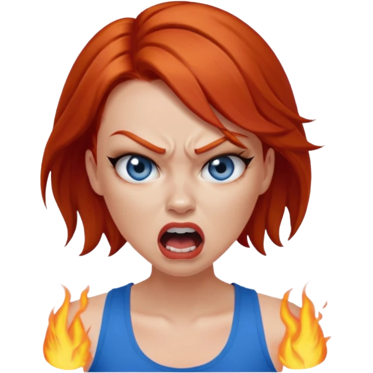 mujer pelirroja con los ojos y los labios maquillados enojada gritando con musculosa azul emoji