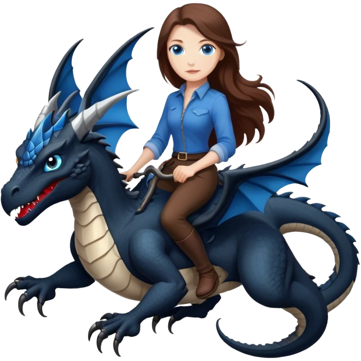 Me, a white female with long brown hair, and blue eyes, riding a black Wyvern with a tiny bit of red, that has only two back legs, to your work emoji