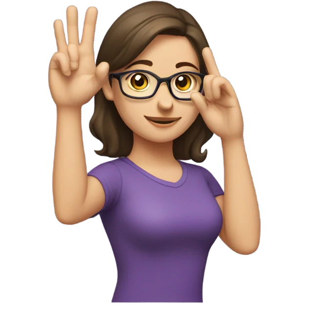a caucasian brunette female, wearing a purple t-shirt and glasses, making the military salute gesture with her hand next to her head emoji