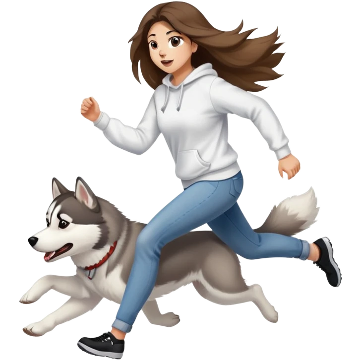 The husky is running in front, and a beautiful girl with long hair wearing a white sweatshirt and jeans is chasing behind. emoji