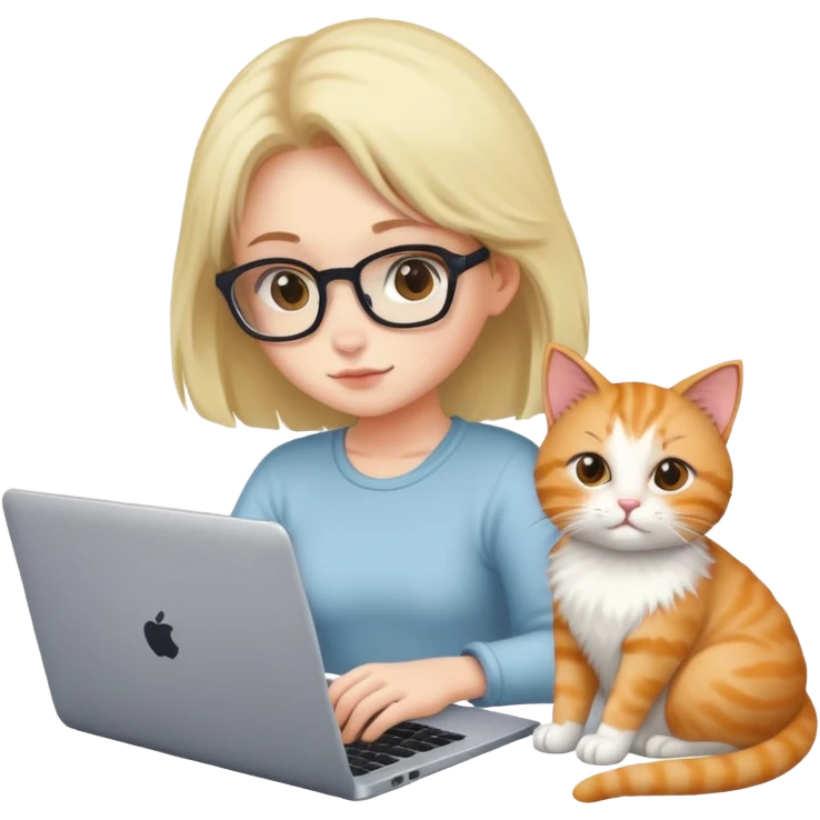 A girl is working hard on a laptop with a cat next to it emoji