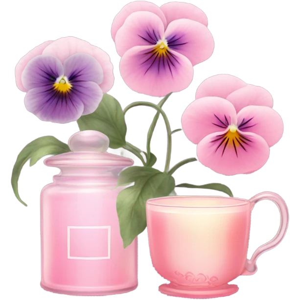A cozy aesthetic: a pink candle in a glass jar, pastel pink pansies, a vintage perfume bottle, and a cup of steaming tea. emoji