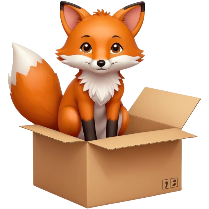 Cute fox sitting in a cardboard box with playful expression, kids toy aesthetic emoji