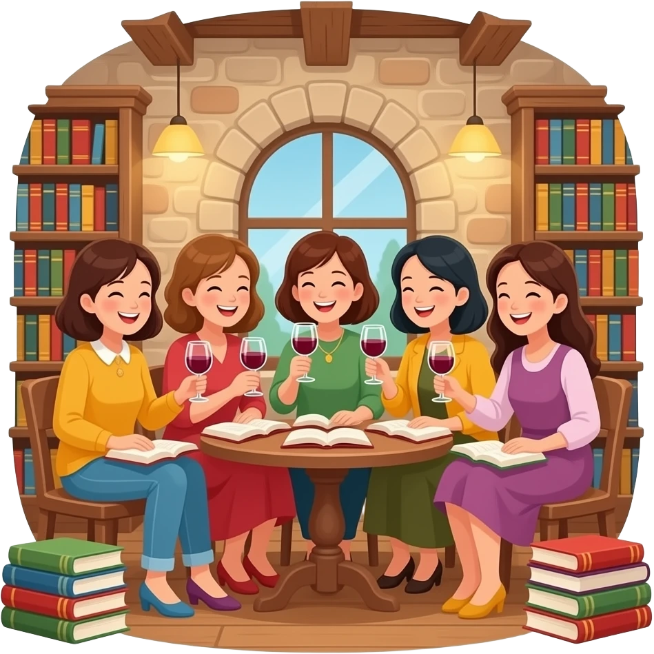 5 ladies silly book club having fun drinking wine italian emoji