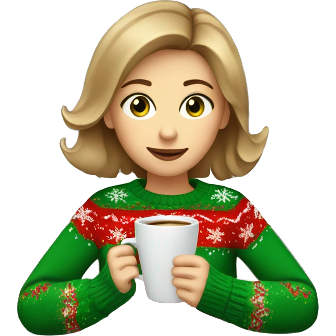 Light brown short haired girl with green eyes drinking coffee wearing Christmas sweater emoji