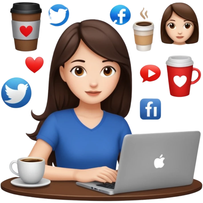 Brunette girl+laptop+coffee+ social media logos  emoji