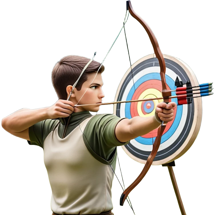 An archer pulling back a bowstring, aiming at a target in the distance. The target features concentric rings, and the scene conveys focus and precision. The background captures the essence of an outdoor archery range, highlighting skill and concentration in the sport. emoji