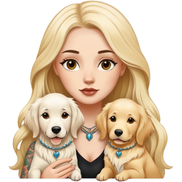 a  white girl with long hair with tattoo with 2 white golden retriever  emoji