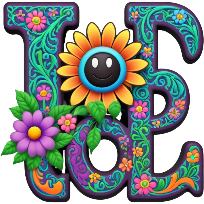 3D, gothic style psychedelic colored word Jay with hippie style flower border emoji