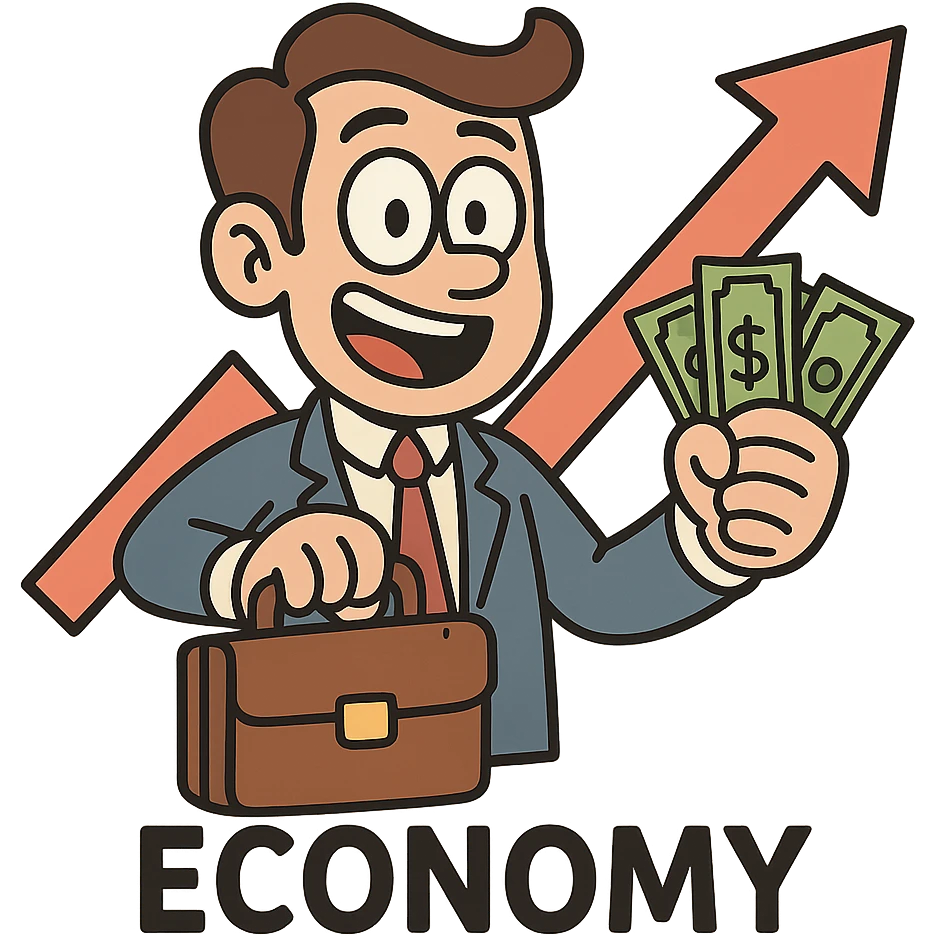 cartoon style icon for economy, with a briefcase, money, and upward arrow emoji