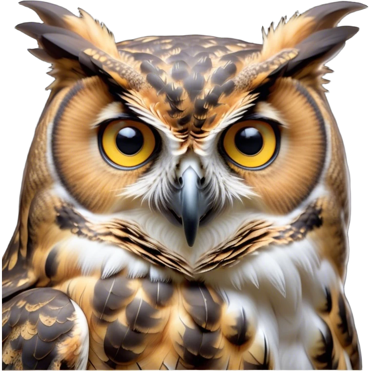 Cinematic Noble Great Horned Owl Portrait Emoji, Poised and regal, with a commanding, broad build and a richly mottled plumage of grays, whites, and subtle browns, deep-set soulful golden eyes, Simplified yet sharp and sophisticated features, highly detailed, glowing with a soft, dignified glow, high shine, intelligent and enigmatic, stylized with an air of nocturnal majesty, focused and attentive, soft glowing outline, capturing the essence of a watchful and confident raptor, so majestic it feels as though it could silently swoop out of the screen with effortless authority! emoji