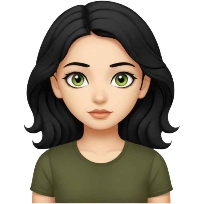 a pretty FAIR indian bratz girl with wavy black hair, wearing a black tshirt. eyeliner on, olive green eyes.  emoji