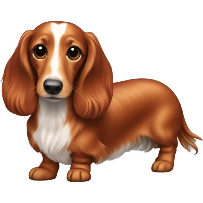A long-haired marble dachshund stands red-haired emoji