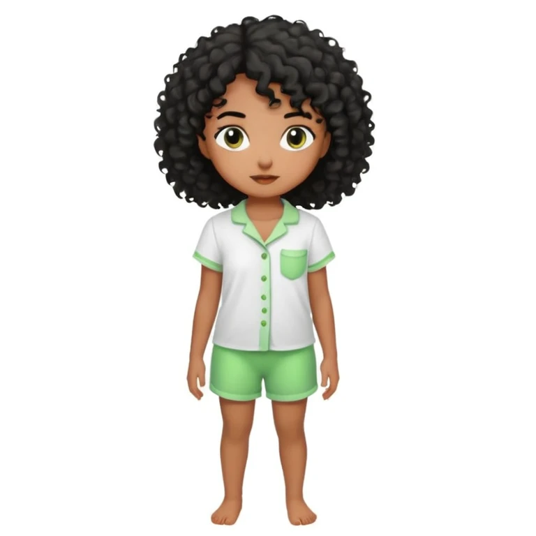 Menina morena do cabelo encaracolados pretos e um pijama de blusa branca e short molinho verde emoji