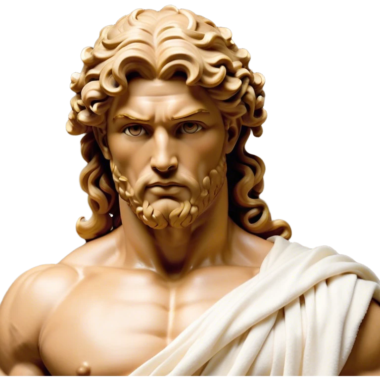 Cinematic Realistic Hercules Portrait, depicted as a classical Greek hero merging the fierce masculinity of Hercules with the refined face of Michelangelo's David. His light tan, chiseled skin glows with timeless strength, and his thick, curly, golden brown hair cascades in natural, sculpted curls reminiscent of a warrior’s mane. Draped in a flowing white robe with delicate golden accents and crowned with a traditional Greek laurel wreath, his intense, determined eyes exude noble might, all rendered under dynamic natural lighting with a mythic, radiant glow. emoji