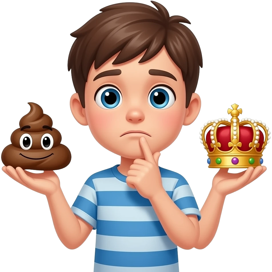 MAKE AN EMOJI AN BOY IN ONE HAND POOP IN ONE HAND CROWN . AND THINING WHICH ON ESHOULD HIM CHOOSE AND CONFUSING. MAKE HIM SAYIN WHICHONE HSOULD I CHOOSE  I THINK I SHOULD CHOOSE POTY OR CROWN. emoji