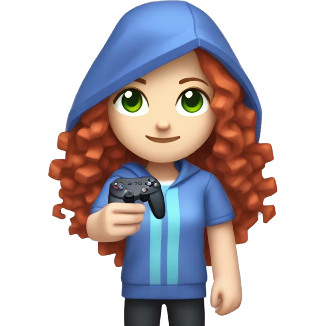 a white girl with long red curly hair, wearing periwinkle Minecraft hoodie holding a controller emoji