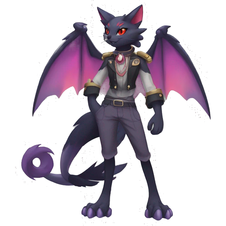 cool anthro kawaii black purple red ethereal fantasy beautiful elegant nargacuga-Noivern-cat-Fakemon wearing a collar, cargo pants, full body emoji