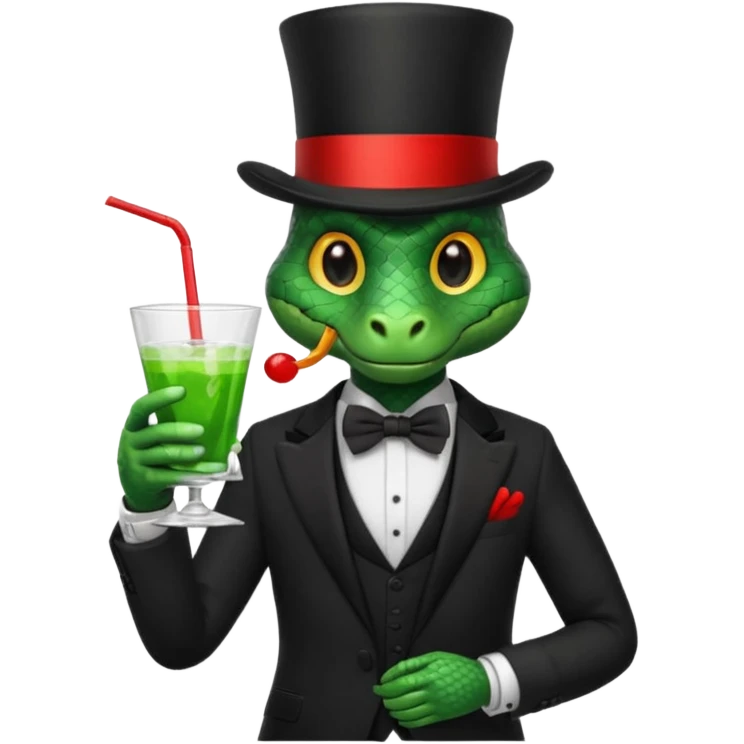 snake wearing suit, bowtie and top hat, holding a glass of green drink emoji