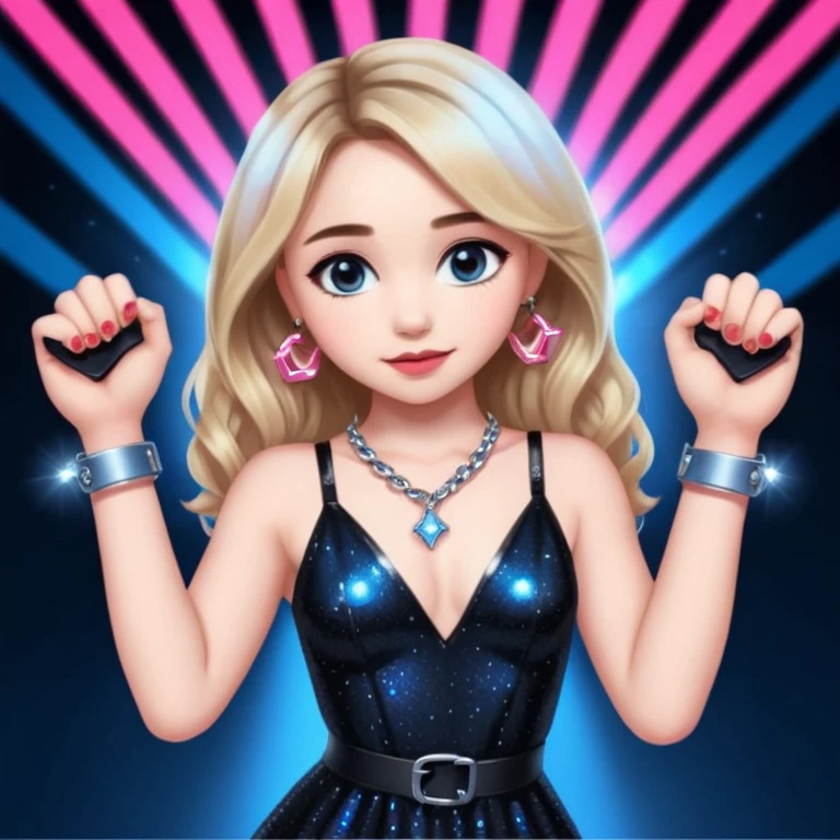 Sabrina carpenter at concert wearing a black sparkly dress with a silver sparkle v neck she is holding up pink handcuffs towards audience and kneeling, blue and red lights setting  emoji