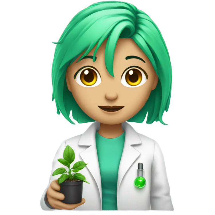 cybernetic scientist wearing a lab coat and holding a small plant, woman with green hair, undercut hair cut emoji