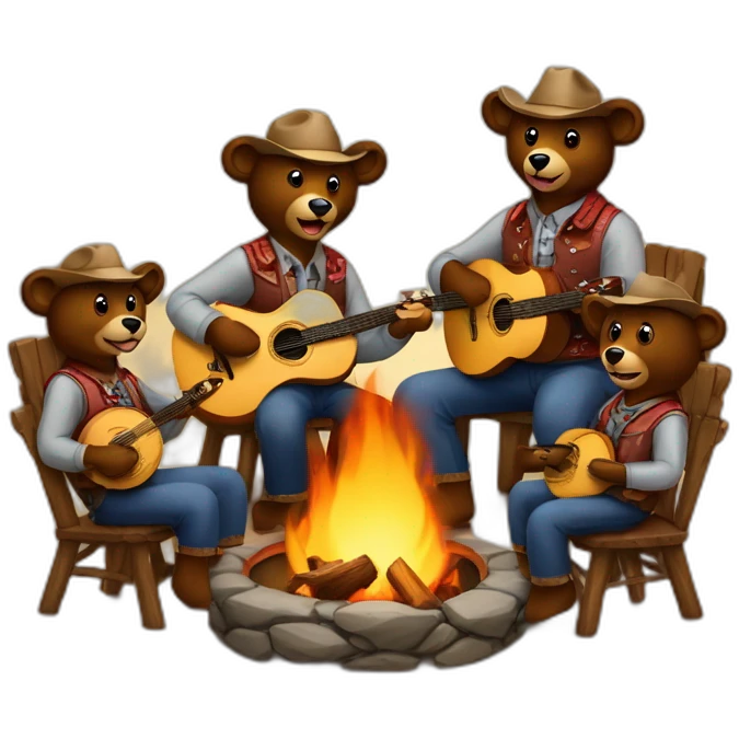 family of 5 bears in country western attire playing banjos sitting around a firepit emoji