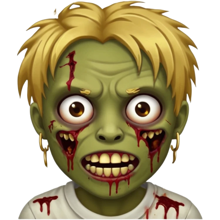 Brown-skinned zombie with messy gold hair, wide centered brown eyes, dark bloody marks under the eyes, and a slightly open mouth showing crooked teeth grillz, giving a distressed, undead look. emoji