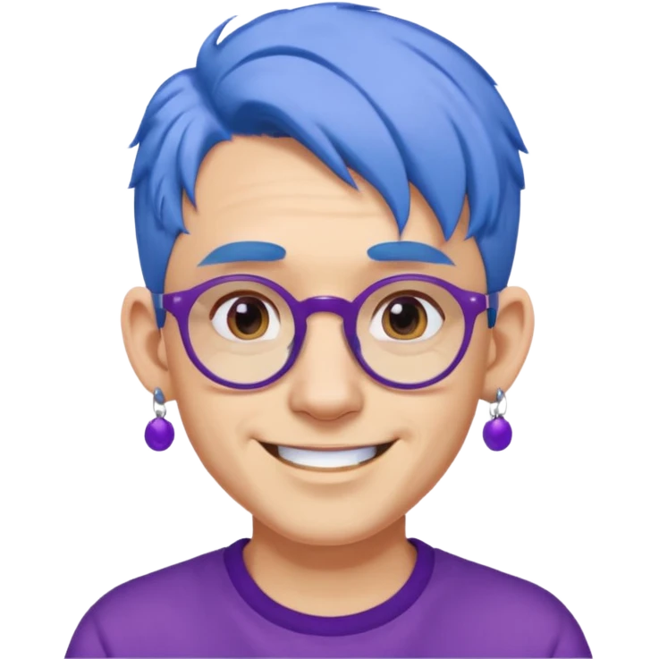 blue haired man mid length with big ears and purple earrings and spectaclesi happy emoji