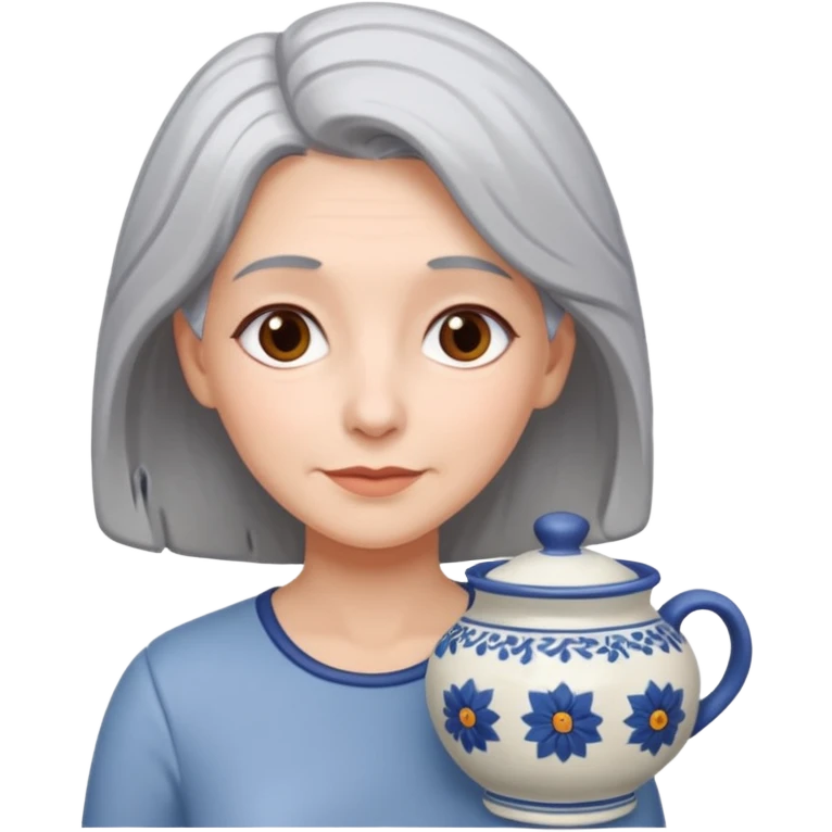 Woman with grey hair with ceramics emoji