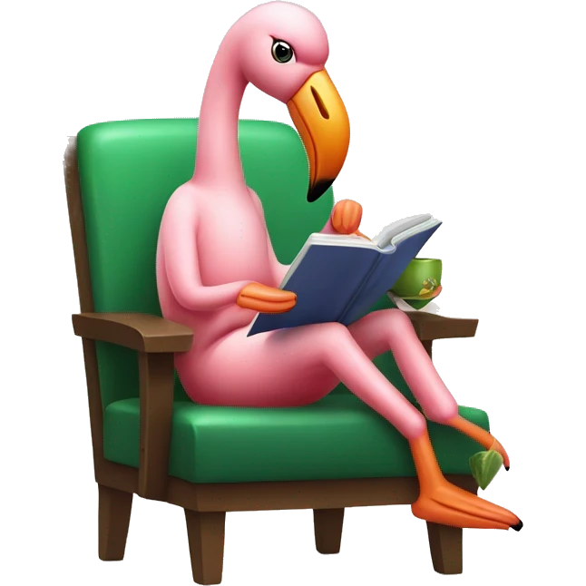 Flamingo sitting on a chair while reading a book and drinking matcha emoji