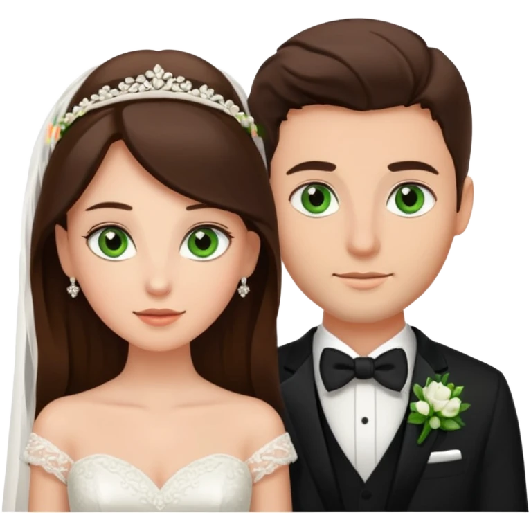 bride and groom, brunette bride has brown eyes, groom has green eyes emoji