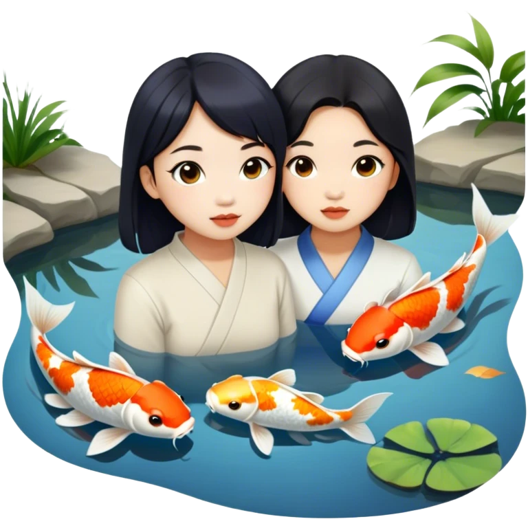 two asian girls koi pond emoji