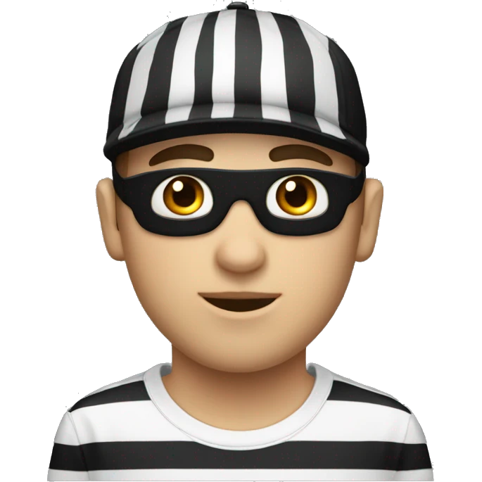 Guy wearing white and black striped shirt with a black cap and black eye mask emoji