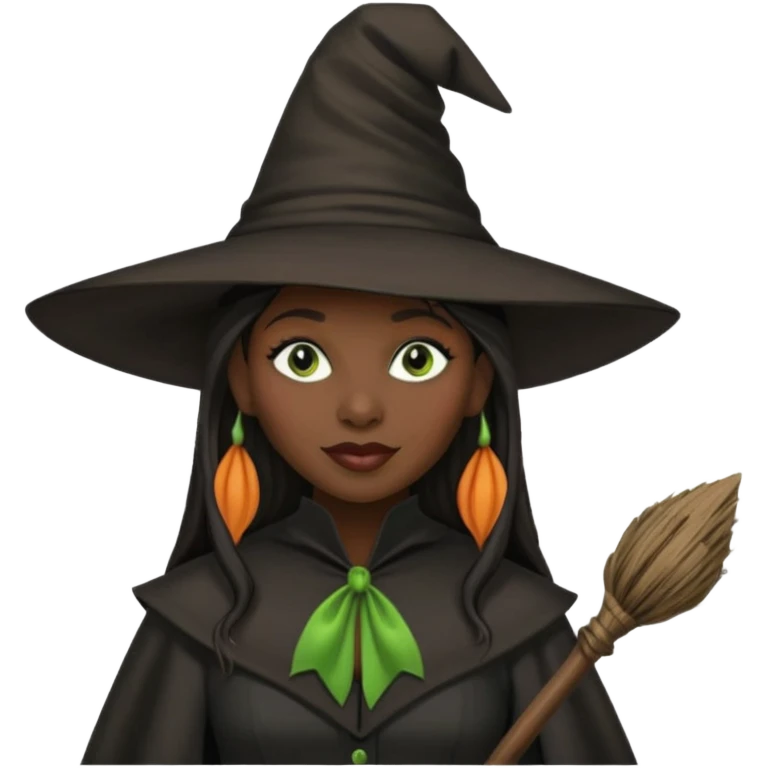 elphaba the wicked witch from wicked movie (cynthia erivo) dark long hair, thick lips, witch hat, broom emoji
