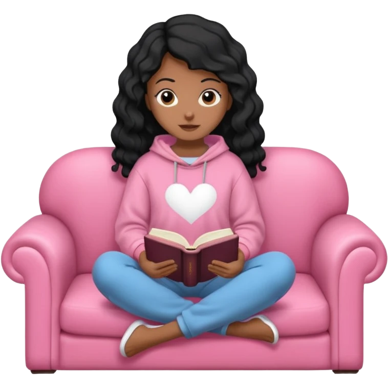Una chica linda de cabello negro con ondas hasta los hombros de piel blanca con una sudadera rosa en un sofá cómodo y hermoso leyendo la biblia emoji