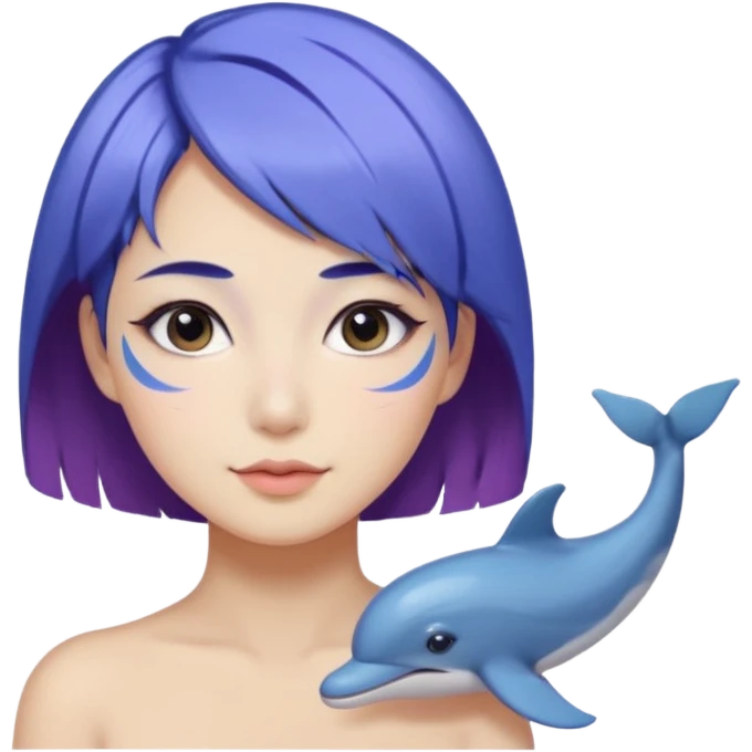 Frost wizard woman short blue violet hair and cheek painted with a dolphin below eye with Asian eyes emoji