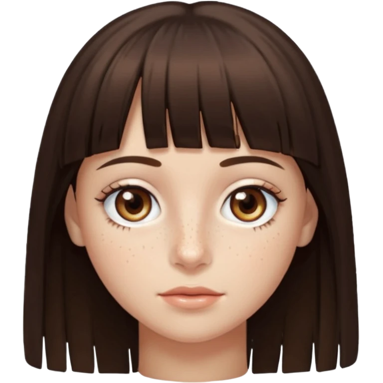 branca, olhos hazel, franjnha, pequenas sardas, cabelo castanho escuro, zoombue emoji