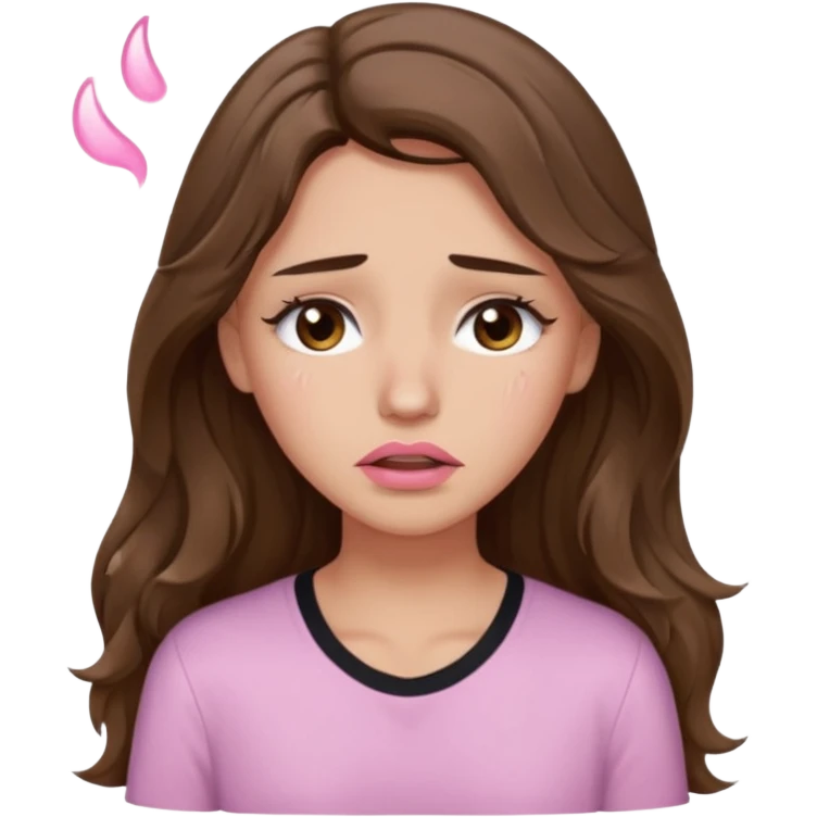 girl with wavy long brown hair, brown eyes, light to medium complexion, long lashes, light pink lipstick, wearing light pink shirt, weeping with big tears emoji