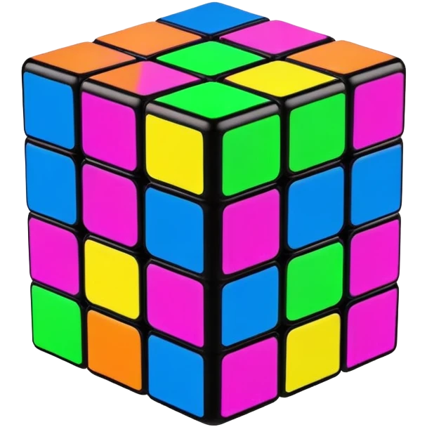 A 3x3 Rubik's Cube with fluorescent colors: glowing green, radiant pink, brilliant blue, luminous yellow, vivid orange, intense purple, minimalist iOS emoji style emoji