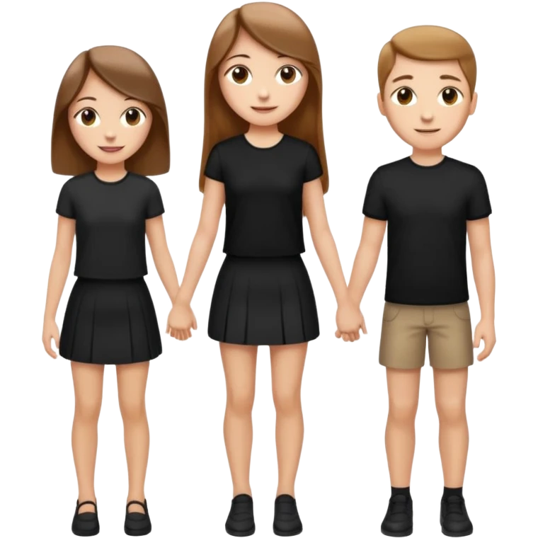 emoji of a girl with long, straight light brown hair, fair skin, soft brown eyes. Wearing a stylish black top and mini skirt. Full-height, standing confidently with shoulders back, head up, smiling proudly. Surrounded by 3men and one woman next to her, holding hands. emoji