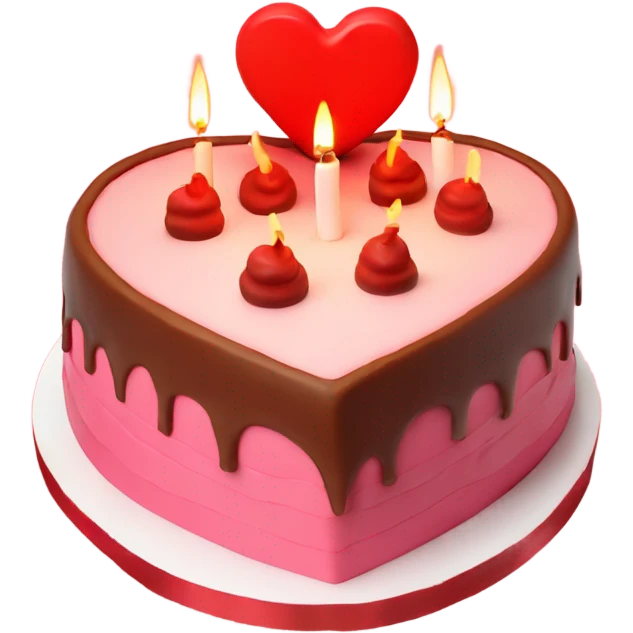 Red heart shaped birthday cake, top view, 4 candles emoji
