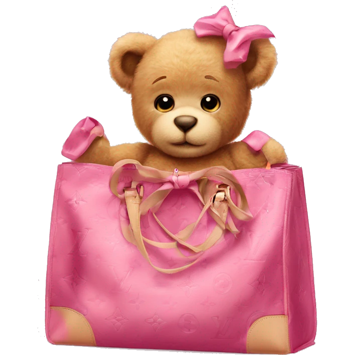 pink bow teddy bear solo looking out of louis vuitton  bag emoji