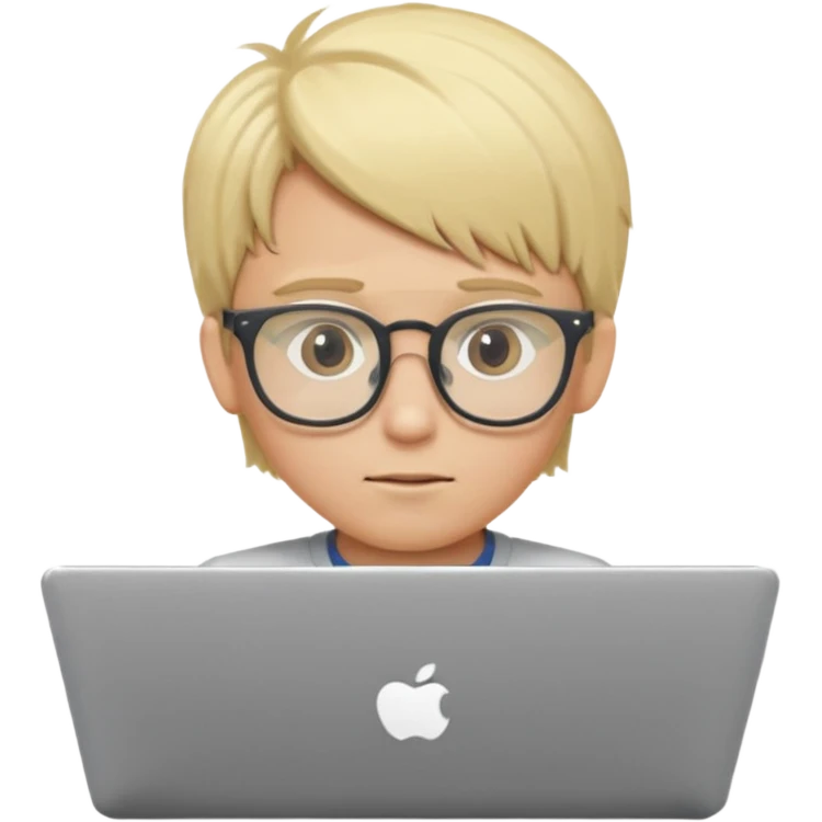 Blonde boy using laptop wearing clear glasses emoji