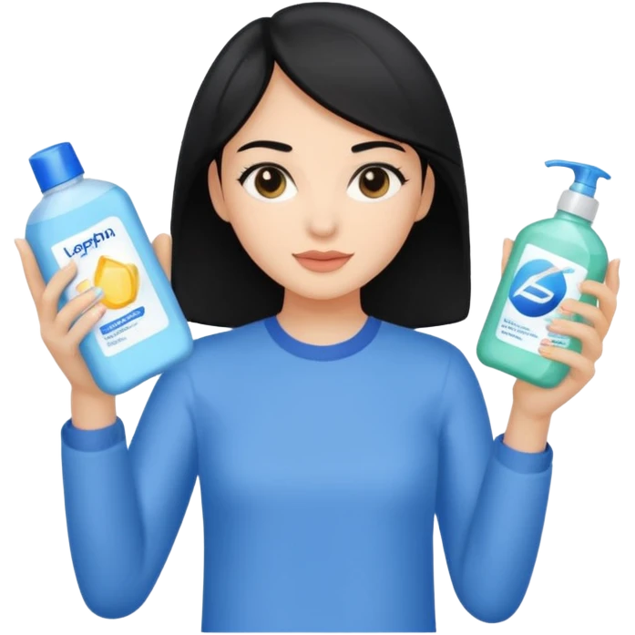 Generate a light-skinned girl with black hair who takes skincare. On the left hand side, she holds a detergent in her hand, and on the right hand side on the sheath, it is the one she applied. emoji
